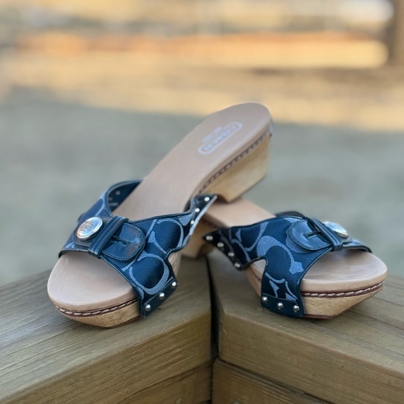 Coach Shoes - Coach Blue and Tan Slide Sandals